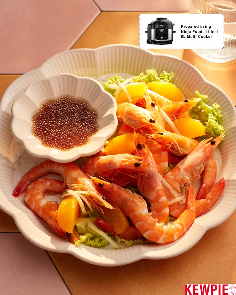 Yuzu Shoyu Steamed Prawns with Green Apple Strips and Citrus Kewpie Singapore
