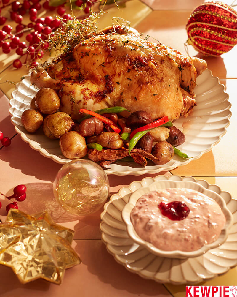 Christmas Roast Whole Capon with Garden Vegetable and Cranberry Cream